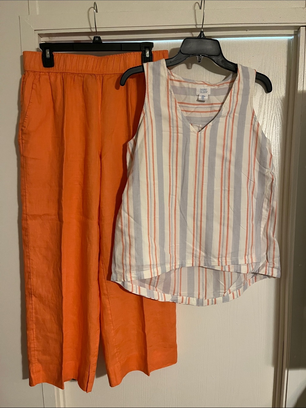 Tahari Orange Linen Wide-Leg Pants with Striped Sleeveless Top